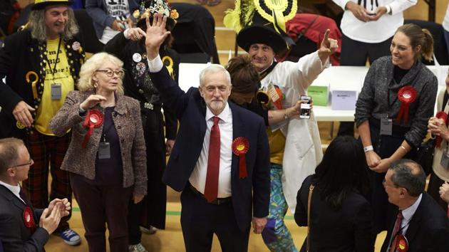 A smiling Jeremy Corbyn (C), Labour party leader, waves after arriving at the count centre in Islington, London. The main opposition Labour party, is on course to increase its number of seats from 229 to 266, according to the joint exit poll by Sky, the BBC and ITV. (Niklas Halle’n/AFP) A smiling Jeremy Corbyn (C), Labour party leader, waves after arriving at the count centre in Islington, London. The main opposition Labour party, is on course to increase its number of seats from 229 to 266, according to the joint exit poll by Sky, the BBC and ITV. (Niklas Halle’n/AFP)