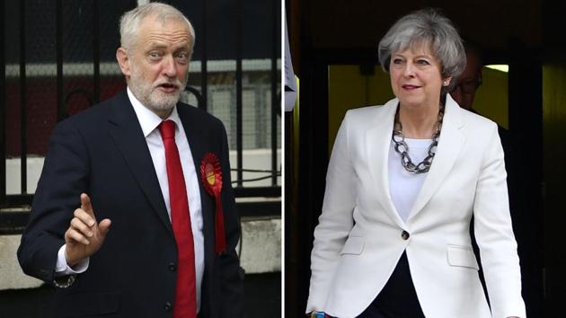 Opposition Labour party leader Jeremy Corbyn (left) voting in north London and British Prime Minister Theresa May voting in Maidenhead on June 8, 2017. (AFP) Opposition Labour party leader Jeremy Corbyn (left) voting in north London and British Prime Minister Theresa May voting in Maidenhead on June 8, 2017. (AFP)