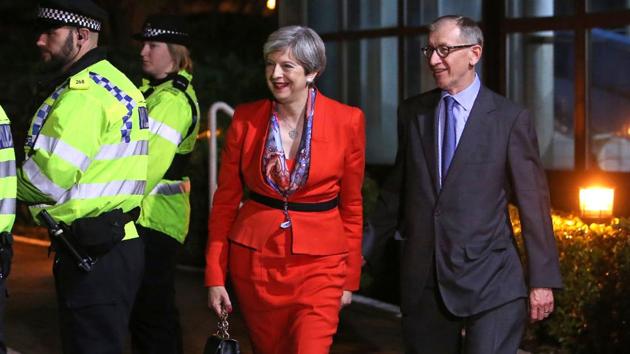 British Prime Minister Theresa May arrives with her husband Philip at the count centre in Maidenhead on Friday, June 9. (AFP) British Prime Minister Theresa May arrives with her husband Philip at the count centre in Maidenhead on Friday, June 9. (AFP)