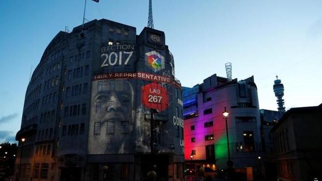 BBC Television centre is illuminated with the results for Britain's 2017 general election in London. (Eddie Keogh/Reuters) BBC Television centre is illuminated with the results for Britain's 2017 general election in London. (Eddie Keogh/Reuters)
