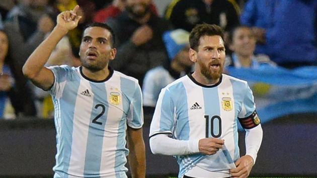 Argentina’s Gabriel Mercado (L) celebrates a goal with Lionel Messi. (AFP) Argentina’s Gabriel Mercado (L) celebrates a goal with Lionel Messi. (AFP)