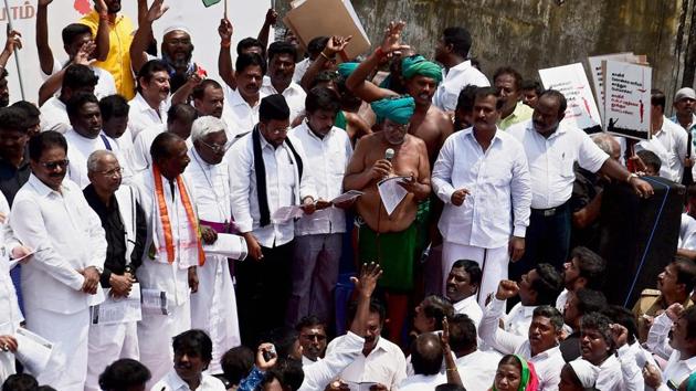 Chennai: Ayyakannu who along with several farmers staged a protest in New Delhi addresses protesters during the bandh call given by opposition parties in support of farmers issues, in Chennai, in this file photo from April. (PTI) Chennai: Ayyakannu who along with several farmers staged a protest in New Delhi addresses protesters during the bandh call given by opposition parties in support of farmers issues, in Chennai, in this file photo from April. (PTI)