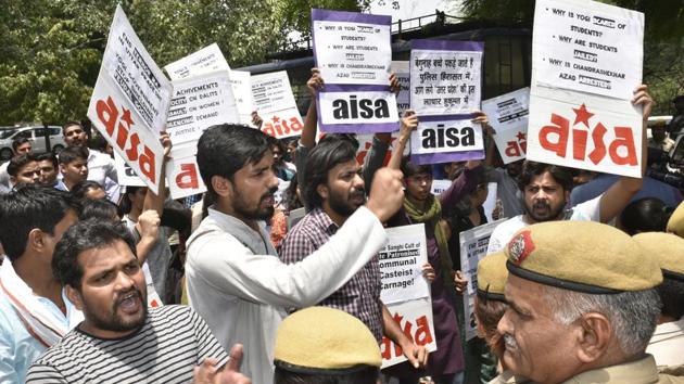 Eight of these students have also been suspended by the Lucknow University on charge of breaching security of the chief minister’s convoy when he was on his way to attend a programme in the varsity.(Sushil Kumar/HT PHOTO) Eight of these students have also been suspended by the Lucknow University on charge of breaching security of the chief minister’s convoy when he was on his way to attend a programme in the varsity.(Sushil Kumar/HT PHOTO)