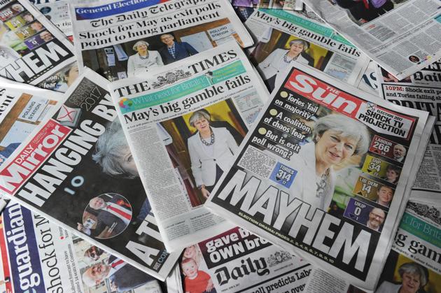 British daily newspapers after the exit poll results were announced. (AFP) British daily newspapers after the exit poll results were announced. (AFP)