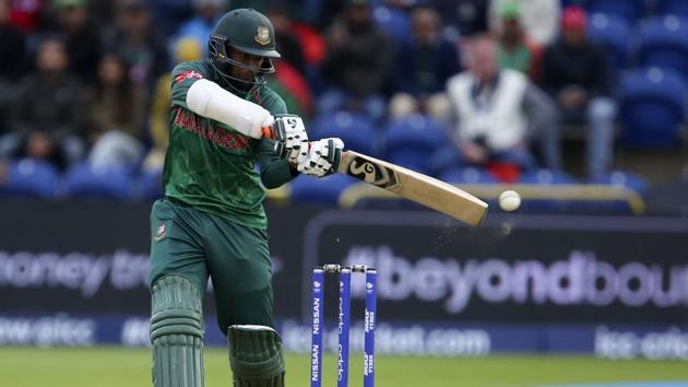 Shakib Al Hasan in action during the ICC Champions Trophy Group B game between New Zealand and Bangladesh. Catch the full cricket score of New Zealand vs Bangladesh here(AFP)