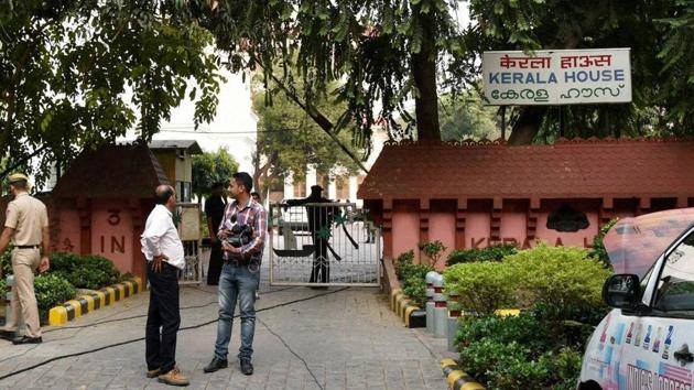 New Delhi: Police and media persons outside Kerala House. (PTI) New Delhi: Police and media persons outside Kerala House. (PTI)