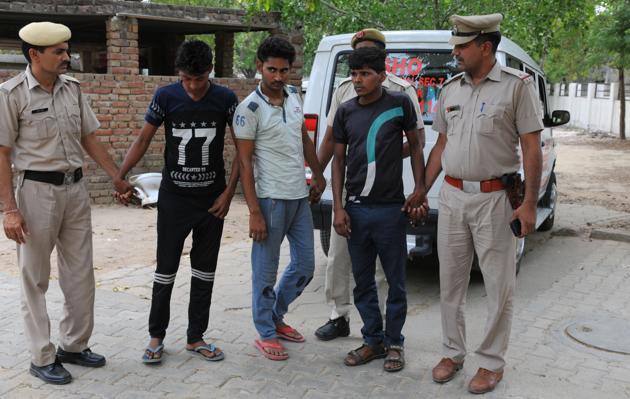 The three accused in the Manesar gang-rape case being produced in court on Saturday.(Parveen Kumar/HT)