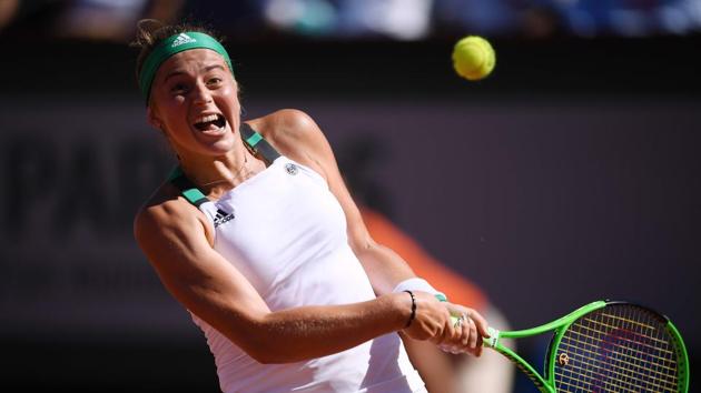 The third set got off to a see-saw start, but Ostapenko raced ahead breaking Halep’s serve twice on the trot. (AFP) The third set got off to a see-saw start, but Ostapenko raced ahead breaking Halep’s serve twice on the trot. (AFP)