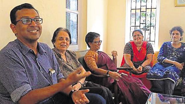 (From left) Teachers Floyd Gracias, Margarida Colaco, Sr Ananda Amritmahal, Bina Gonsalves, Andrea Coutinho discuss their ‘favourite Sophia’ moments