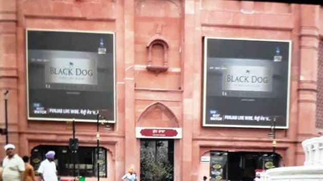 Liquor advertisements on the LEDs on Heritage Street leading to the Golden Temple in Amritsar. (HT Photo) Liquor advertisements on the LEDs on Heritage Street leading to the Golden Temple in Amritsar. (HT Photo)