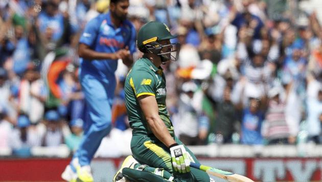 South Africa cricket team's Faf du Plessis looks dejected after the run-out of David Miller following a confusion in the middle during their ICC Champions Trophy match against Indian cricket team at The Oval in London on Sunday. (AP) South Africa cricket team's Faf du Plessis looks dejected after the run-out of David Miller following a confusion in the middle during their ICC Champions Trophy match against Indian cricket team at The Oval in London on Sunday. (AP)