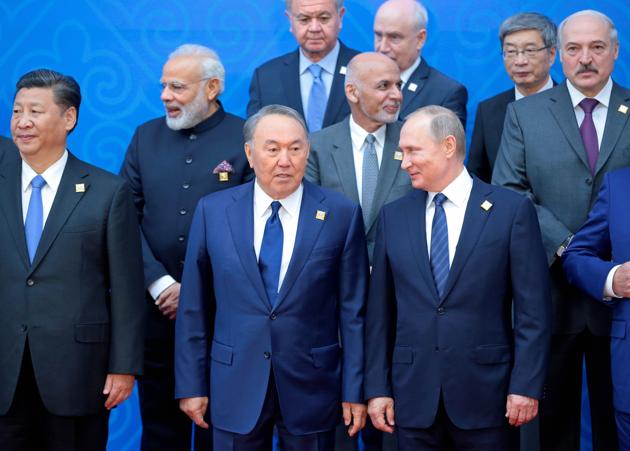 World leaders at the Shanghai Cooperation Organization summit in Astana, Kazakhstan on Friday.(AP)