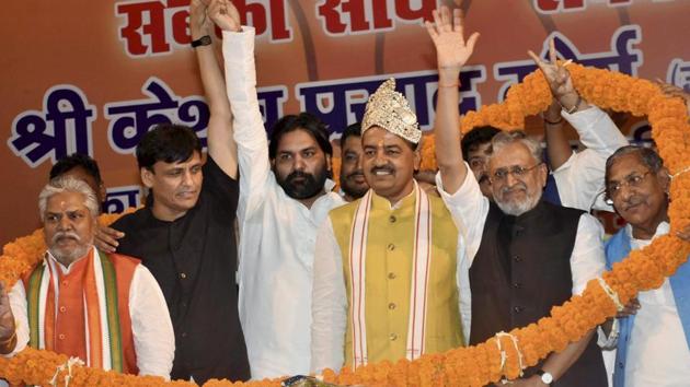 Uttar Pradesh Deputy Chief Minister Keshav Prasad Maurya, BJP leader Sushil Kumar Modi, Bihar BJP president Nityanand Rai and others being garlanded on completion of three years by Modi Government at SK Memorial hall in Patna on June 11, 2017. (PTI) Uttar Pradesh Deputy Chief Minister Keshav Prasad Maurya, BJP leader Sushil Kumar Modi, Bihar BJP president Nityanand Rai and others being garlanded on completion of three years by Modi Government at SK Memorial hall in Patna on June 11, 2017. (PTI)