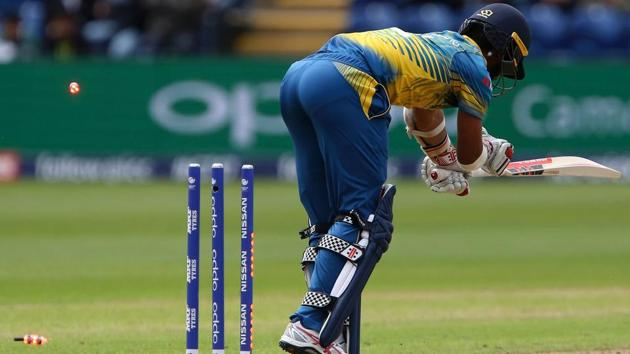 Bails fly as Sri Lanka's Kusal Mendis loses his wicket during the ICC Champions Trophy match against Pakistan. (AFP) Bails fly as Sri Lanka's Kusal Mendis loses his wicket during the ICC Champions Trophy match against Pakistan. (AFP)