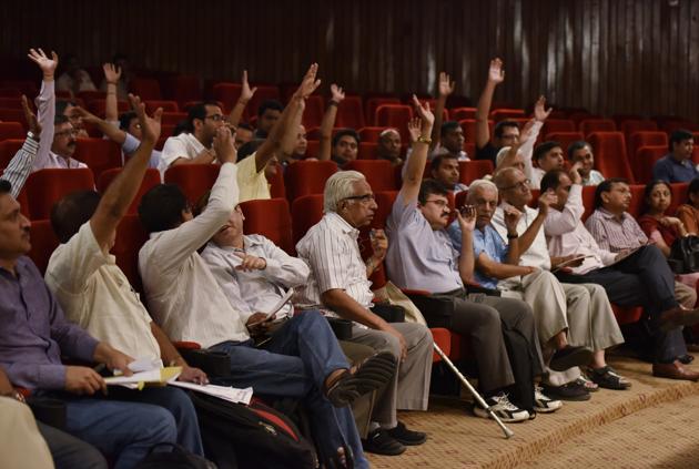 The homebuyers at the tripartite meeting with the builders and the Noida authority officials on Monday. (Virendra Singh Gosain/HT PHOTO) The homebuyers at the tripartite meeting with the builders and the Noida authority officials on Monday. (Virendra Singh Gosain/HT PHOTO)
