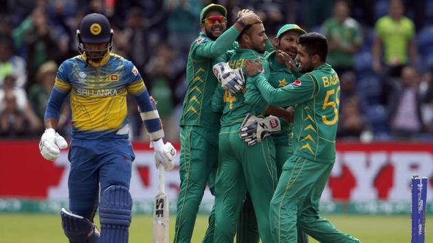 Pakistan's Fahim Ashraf celebrates with teammates after taking the wicket of Sri Lanka's Dinesh Chandimal. (REUTERS) Pakistan's Fahim Ashraf celebrates with teammates after taking the wicket of Sri Lanka's Dinesh Chandimal. (REUTERS)