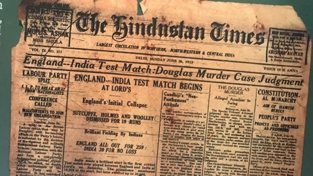 A cut-out of the Hindustan Times edition from June 26, 1932, pictured at the event. (HT Photo) A cut-out of the Hindustan Times edition from June 26, 1932, pictured at the event. (HT Photo)