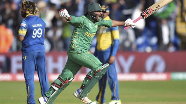Pakistan captain Sarfraz Ahmed celebrates hitting the winning runs in the ICC Champions Trophy Group B match vs Sri Lanka at Cardiff on Monday. (AP) Pakistan captain Sarfraz Ahmed celebrates hitting the winning runs in the ICC Champions Trophy Group B match vs Sri Lanka at Cardiff on Monday. (AP)
