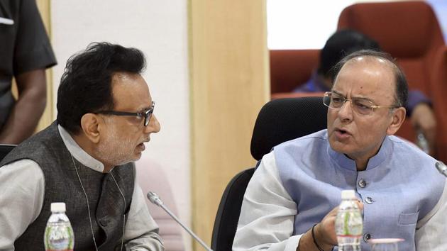 Finance minister Arun Jaitley and revenue secretary Hasmukh Adhia during the 16th GST council meeting at Vigyan Bhawan in New Delhi. (PTI Photo) Finance minister Arun Jaitley and revenue secretary Hasmukh Adhia during the 16th GST council meeting at Vigyan Bhawan in New Delhi. (PTI Photo)