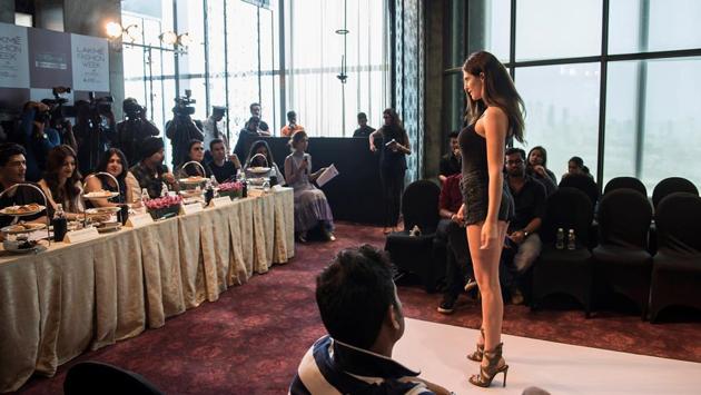 A model interacts with the jury during the auditions. (Aalok Soni/HT Photo) 