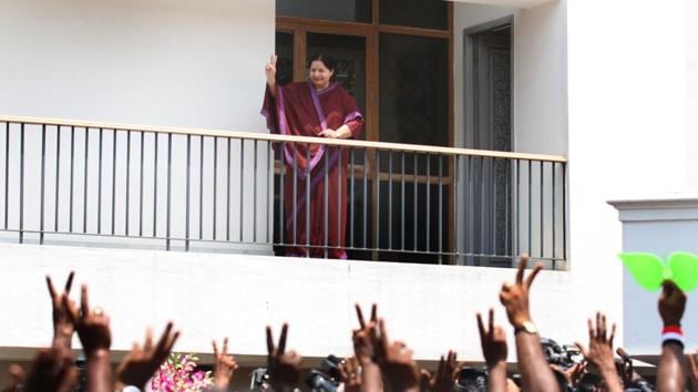 AIADMK leader J Jayalalithaa greets her supporters at her Poes Garden house in Chennai on 13 May, 2011.(T Narayan/HT File Photo)