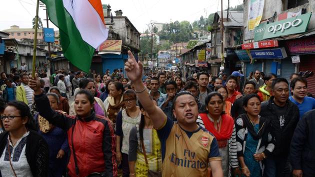Supporters of the GJM raise slogans at a protest demanding a separate state for the Gorkhas in India. The demand for Gorkhaland gained prominence in 1986 when Subash Ghising and the Gorkha National Liberation Front (GNLF) spearheaded a 28-month violent agitation that left 1,200 people dead. (AFP) Supporters of the GJM raise slogans at a protest demanding a separate state for the Gorkhas in India. The demand for Gorkhaland gained prominence in 1986 when Subash Ghising and the Gorkha National Liberation Front (GNLF) spearheaded a 28-month violent agitation that left 1,200 people dead. (AFP)