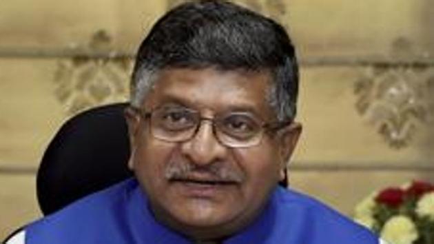 Union IT minister Ravi Shankar Prasad addresses a press conference on the achievements of the ministry in New Delhi on May 23.(PTI File Photo)