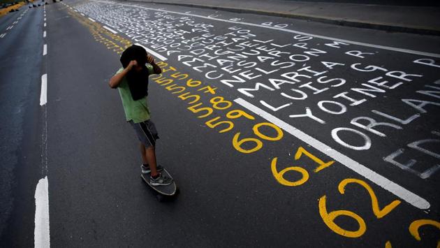A demonstrator rolls a skateboard next to a list of the victims of the violence during protests against Venezuela's president Nicolas Maduro government in Caracas, Venezuela. The deadly unrest in Venezuela could lead to ‘a blood bath’ and spark a major refugee crisis, Peru’s President Pedro Pablo Kuczynski warned as violence continued in Venezuela’s capital, Caracas. (Ivan Alvarado / REUTERS)