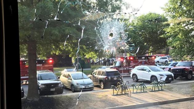 A bullet hole is seen in a window after a gunman opened fire on Republican members of Congress during a baseball practice. The group were practicing for the annual Democrats versus Republicans congressional baseball game that was scheduled to be played on Thursday. (REUTERS) A bullet hole is seen in a window after a gunman opened fire on Republican members of Congress during a baseball practice. The group were practicing for the annual Democrats versus Republicans congressional baseball game that was scheduled to be played on Thursday. (REUTERS)