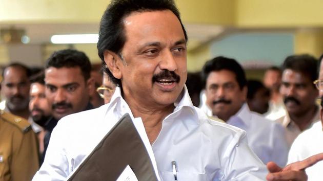 Speaker P Dhanpal orders eviction of DMK Working President M K Stalin from the assembly after party legislators hold “mock auction” of MLAs inside the house. (PTI file photo) Speaker P Dhanpal orders eviction of DMK Working President M K Stalin from the assembly after party legislators hold “mock auction” of MLAs inside the house. (PTI file photo)