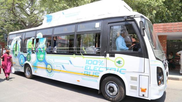 The electric bus, with a seating capacity of 26 passengers, was operated without passengers as it did not have the permit to carry passengers.(HT Photo)