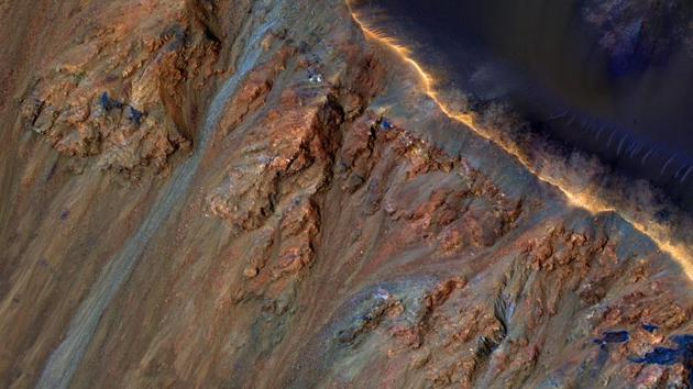 Equatorial Gullies in Krupac Crater: Although large gullies (ravines) are concentrated at higher latitudes, there are gullies on steep slopes in equatorial regions on Mars. NASA has recently found evidence that the red planet could have been teeming with life following studies on the latest samples taken by the Curiosity rover which landed near Mount Sharp in Gale Crater in August 2012 and reached the base of the mountain in 2014.