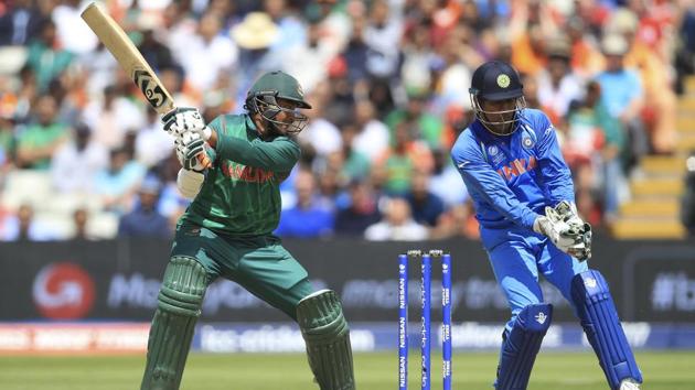 Bangladesh's Shakib Al Hasan is caught by India's MS Dhoni during the Champions Trophy encounter. (AP) 