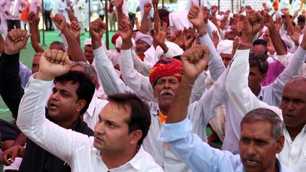 Farmers protesting in Jaipur, Rajasthan.(Himanshu Vyas/HT Photo)