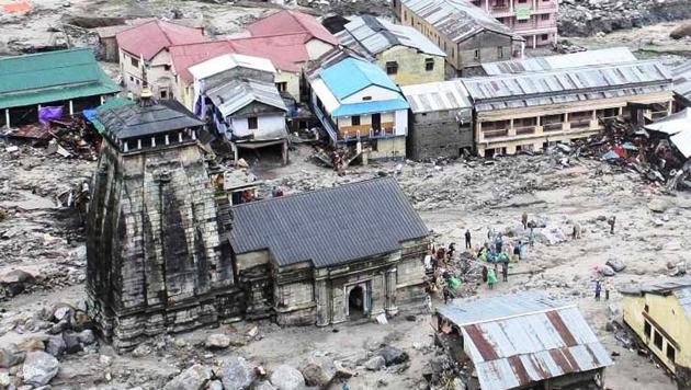 The devastated Kedarpuri township in the vicinity of Kedarnath shrine after the 2013 flashfloods.(HT File)