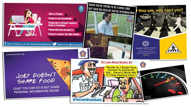 (Clockwise from top left) Posts by the Hyderabad, Bengaluru, Kolkata and Mumbai police departments, using cheeky memes and artful imagery to spread awareness and reach out.