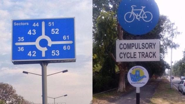 Direction signage poles have been completed on Dakshin Marg at the cost of Rs 1.5 crore (Left), and cycle tracks at the Sector 4-9 dividing road have been constructed at the cost of Rs 1.5 crore. (HT Photos) Direction signage poles have been completed on Dakshin Marg at the cost of Rs 1.5 crore (Left), and cycle tracks at the Sector 4-9 dividing road have been constructed at the cost of Rs 1.5 crore. (HT Photos)