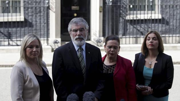 Sinn Fein president Gerry Adams (centre left) and leader of Sinn Fein in Northern Ireland Michelle O'Neill (left) speak to the press after a meeting with British Prime Minister Theresa May at 10 Downing Street in London on June 15, 2017. (AP) Sinn Fein president Gerry Adams (centre left) and leader of Sinn Fein in Northern Ireland Michelle O'Neill (left) speak to the press after a meeting with British Prime Minister Theresa May at 10 Downing Street in London on June 15, 2017. (AP)