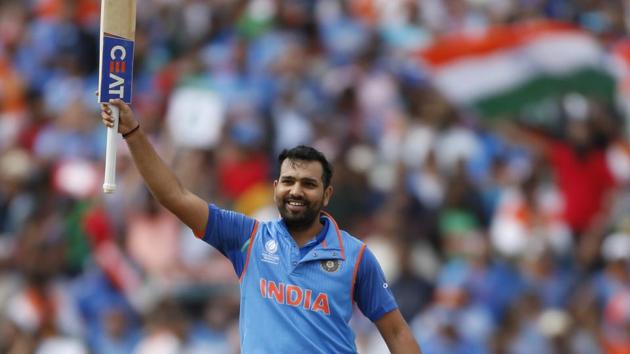 Rohit Sharma celebrates his 11th ODI century during the ICC Champions Trophy semi-final between India and Bangladesh at Edgbaston, Birmingham, on Thursday.(Reuters)