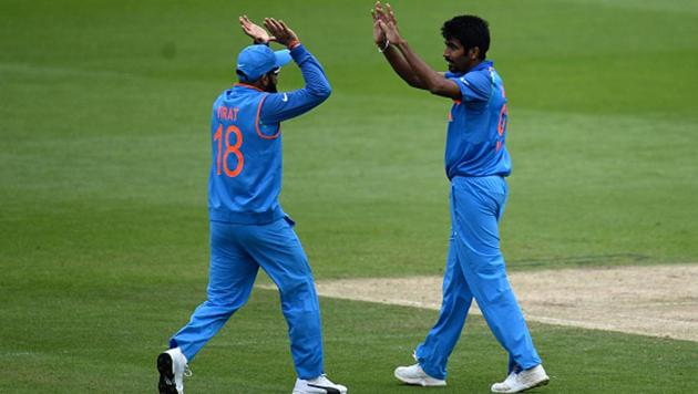 Jasprit Bumrah (R) is India’s second highest wicket-taker in ICC Champions Trophy so far.(IDI via Getty Images)