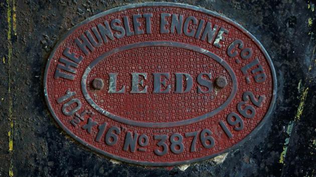 A locomotive builder's plate is pictured on the engine of an abandoned train at the workshop of Nepal Railways Corporation Ltd. in Janakpur. (Navesh Chitrakar / REUTERS)