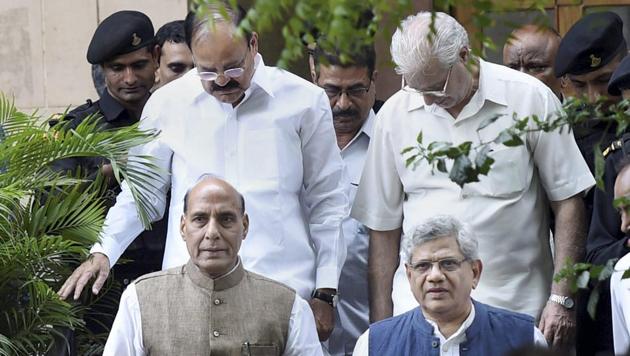 Union ministers Rajnath Singh and Venkaiah Naidu with CPI(M) general secretary Sitaram Yechury leave after a meeting on presidential poll as part of the ruling party's outreach to stitch a consensus in New Delhi. (PTI Photo) Union ministers Rajnath Singh and Venkaiah Naidu with CPI(M) general secretary Sitaram Yechury leave after a meeting on presidential poll as part of the ruling party's outreach to stitch a consensus in New Delhi. (PTI Photo)