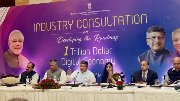 Union minister for electronics & information technology and law & justice, Ravi Shankar Prasad chairs a meeting with pioneers of Industry for developing the roadmap for one Trillion Dollar Digital Economy of India, in New Delhi. (PTI Photo) Union minister for electronics & information technology and law & justice, Ravi Shankar Prasad chairs a meeting with pioneers of Industry for developing the roadmap for one Trillion Dollar Digital Economy of India, in New Delhi. (PTI Photo)