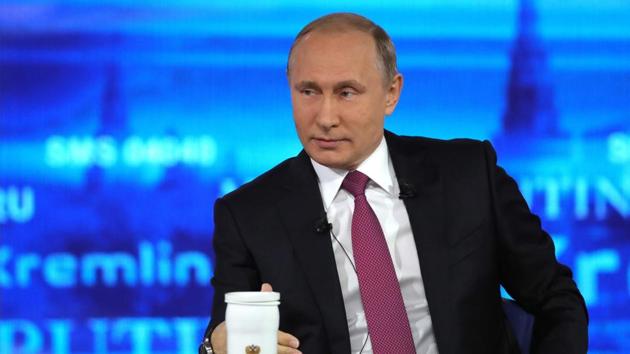 Russian President Vladimir Putin answers questions during the annual Direct Line with Vladimir Putin broadcast live by Russian TV channels and radio stations in Moscow. (AFP) Russian President Vladimir Putin answers questions during the annual Direct Line with Vladimir Putin broadcast live by Russian TV channels and radio stations in Moscow. (AFP)