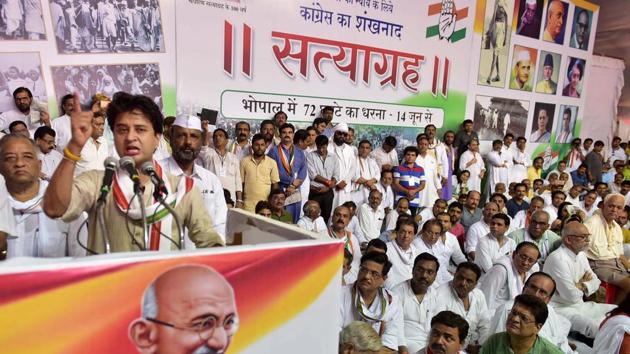 Congress leader Jyotiraditya Scindia addressing the gathering on the the last day of his 72-hr 'Satyagrah' in Bhopal on Friday. (PTI Photo) Congress leader Jyotiraditya Scindia addressing the gathering on the the last day of his 72-hr 'Satyagrah' in Bhopal on Friday. (PTI Photo)