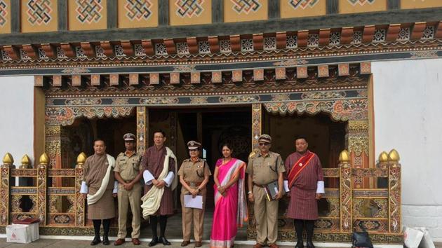 DG SSB (Sashastra Seema Bal) Archana Ramasundaram with Bhutanese home minister and other senior officials. (Photo: @Indiainbhutan on Twitter) DG SSB (Sashastra Seema Bal) Archana Ramasundaram with Bhutanese home minister and other senior officials. (Photo: @Indiainbhutan on Twitter)