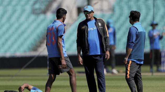 Anil Kumble speaks to Hardik Pandya (L) during the practice session. (AP) Anil Kumble speaks to Hardik Pandya (L) during the practice session. (AP)