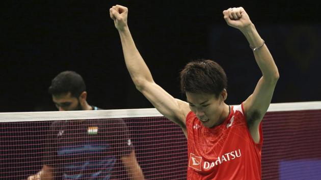 Japan's Kazumasa Sakai celebrates after defeating HS Prannoy in the men's singles semifinal match of the Indonesia Open Super Series Premier badminton tournament in Jakarta on Saturday. (AP) Japan's Kazumasa Sakai celebrates after defeating HS Prannoy in the men's singles semifinal match of the Indonesia Open Super Series Premier badminton tournament in Jakarta on Saturday. (AP)