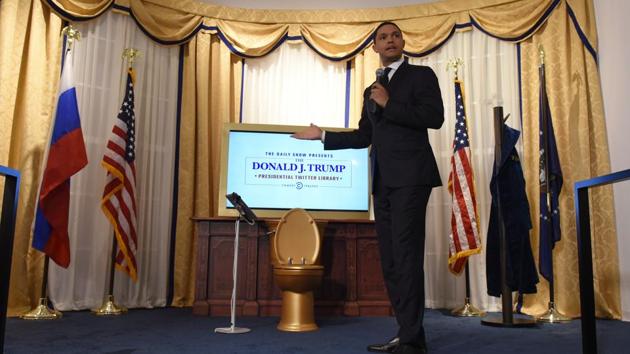 Trevor Noah, host of "The Daily Show with Trevor Noah", talks to the press June 15, 2017 in New York, while presenting "The Daily Show Presents: The Donald J. Trump Presidential Twitter Library", the first of its kind, showcasing our Commander in Chief’s preferred vessel for communicating with the public, his Twitter feed. (AFP Photo) Trevor Noah, host of "The Daily Show with Trevor Noah", talks to the press June 15, 2017 in New York, while presenting "The Daily Show Presents: The Donald J. Trump Presidential Twitter Library", the first of its kind, showcasing our Commander in Chief’s preferred vessel for communicating with the public, his Twitter feed. (AFP Photo)