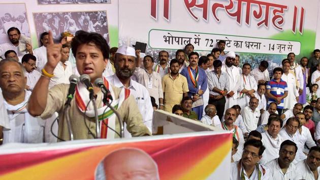 Congress leader Jyotiraditya Scindia addressing a gathering on the last day of his 72-hr 'Satyagrah' in Bhopal on Friday. (PTI Photo) Congress leader Jyotiraditya Scindia addressing a gathering on the last day of his 72-hr 'Satyagrah' in Bhopal on Friday. (PTI Photo)